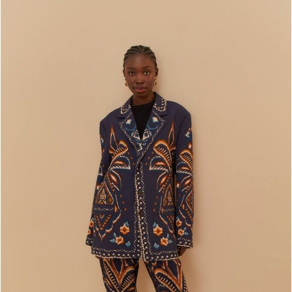 NWOT Farm Rio unisex Blue Pineapple Ikat Blazer Size L 100% Cotton - Picture 3 of 16